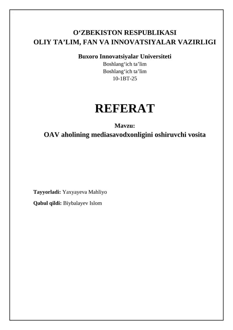 OAV aholining mediasavodxonligini oshiruvchi vosita