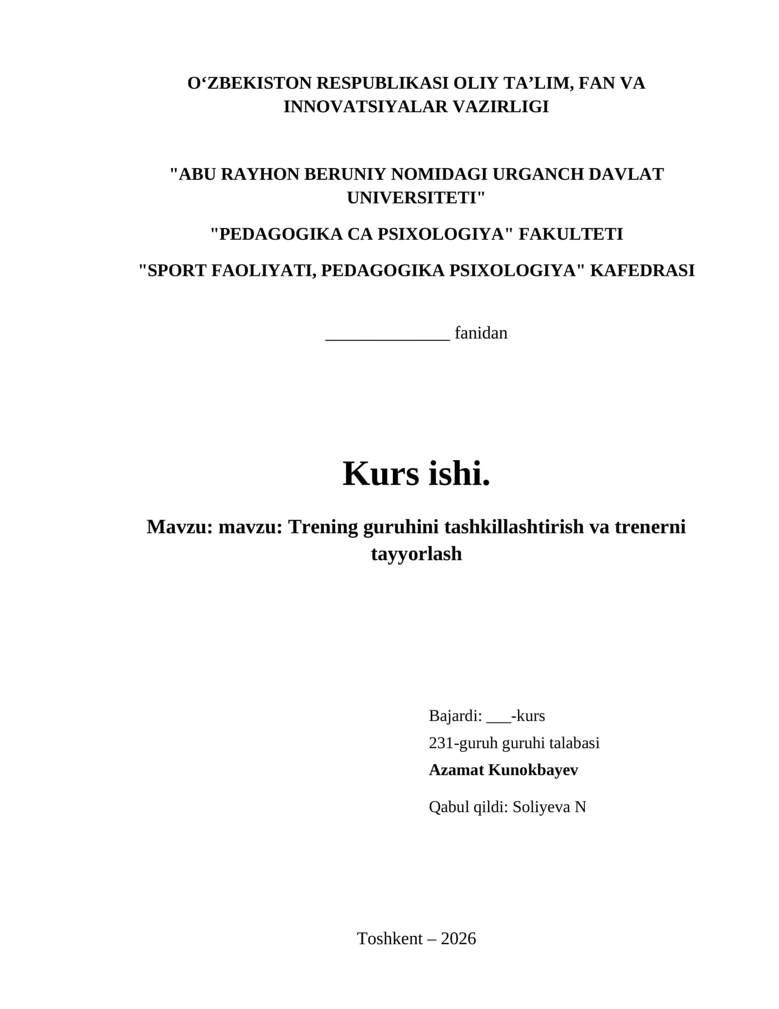 mavzu: Trening guruhini tashkillashtirish va trenerni tayyorlash