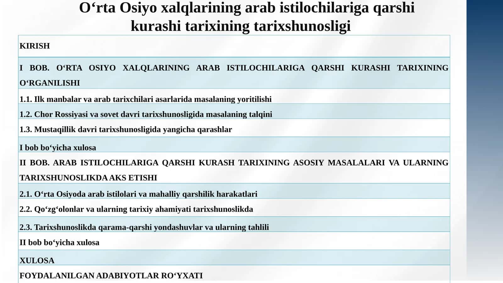 BOB. O‘RTA OSIYO XALQLARINING ARAB ISTILOCHILARIGA QARSHI KURASHI TARIXINING O‘RGANILISHI
