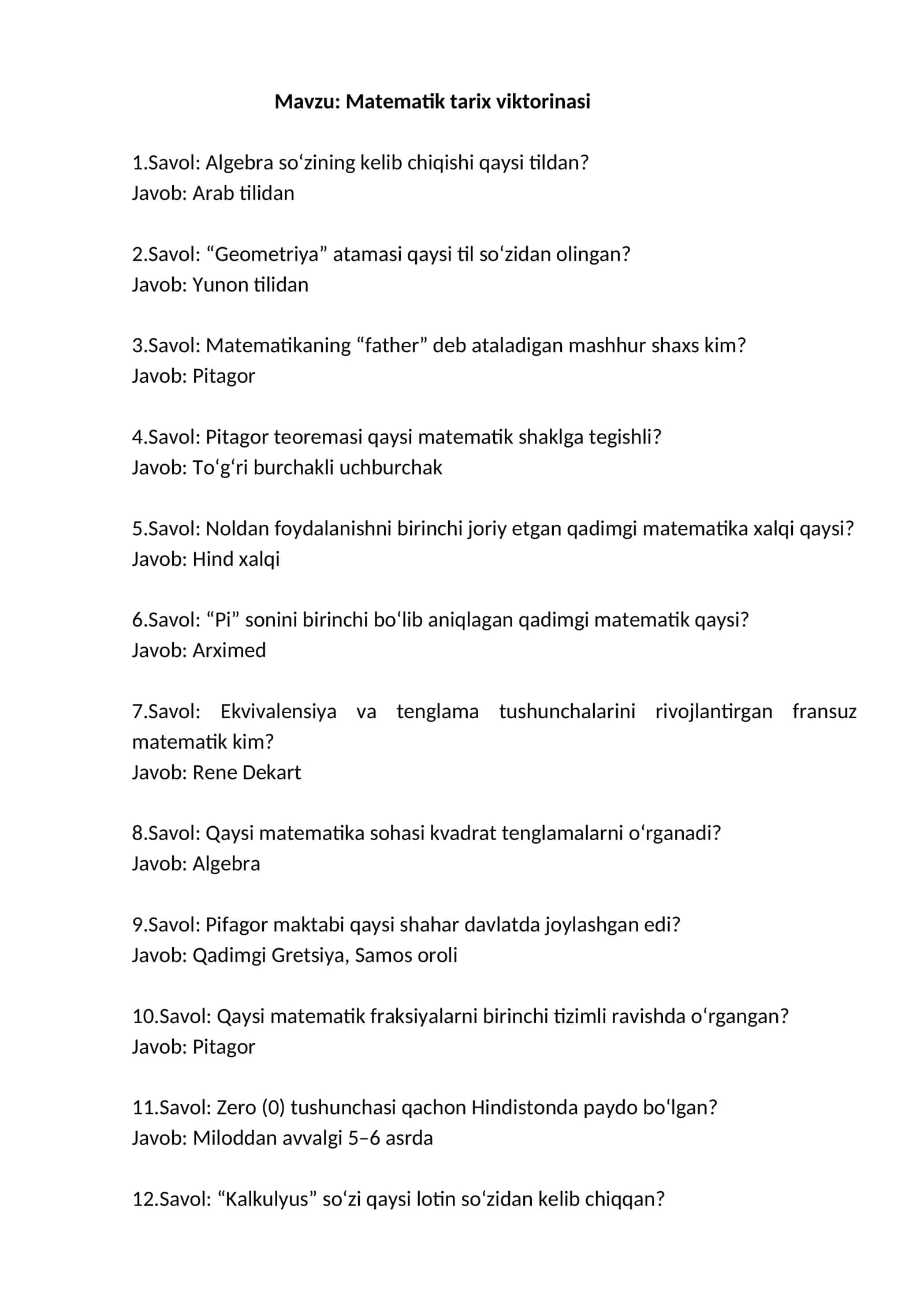 Matematik tarix viktorinasi