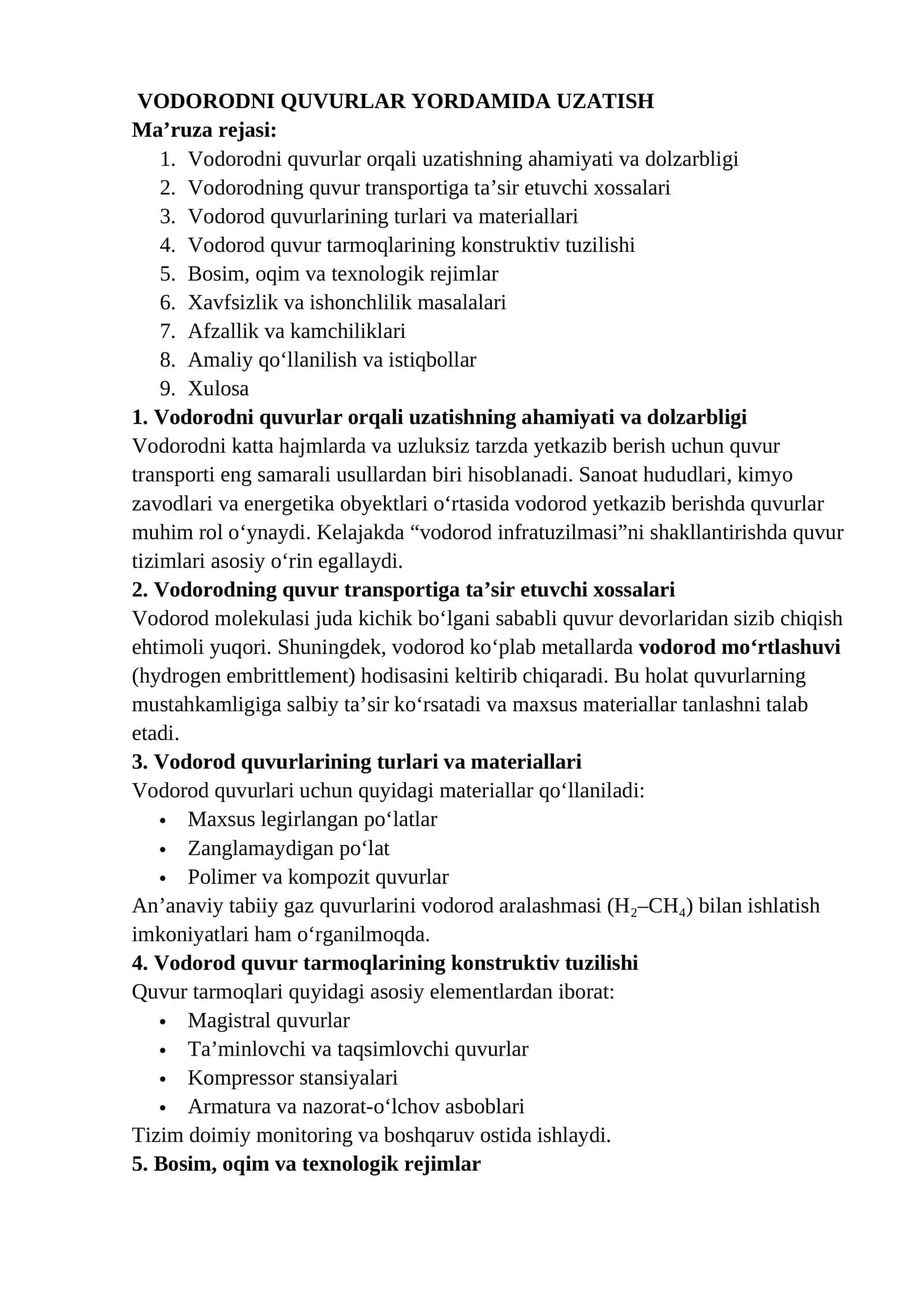 VODORODNI QUVURLAR YORDAMIDA UZATISH