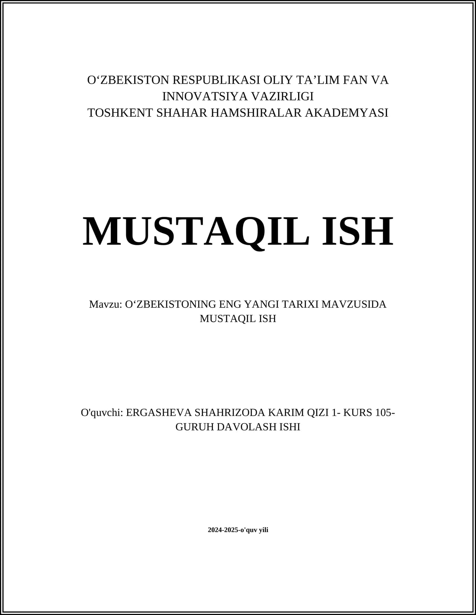 O‘zbekistonning Eng Yangi Tarixi Mavzusida Mustaqil Ish