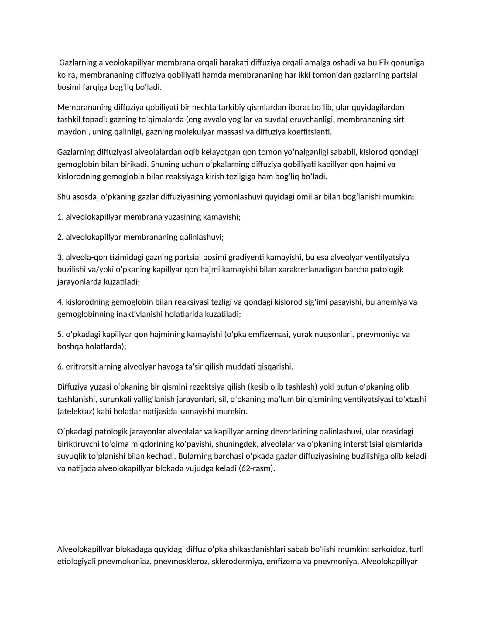 Gazlarning alveolokapillyar membrana orqali harakati