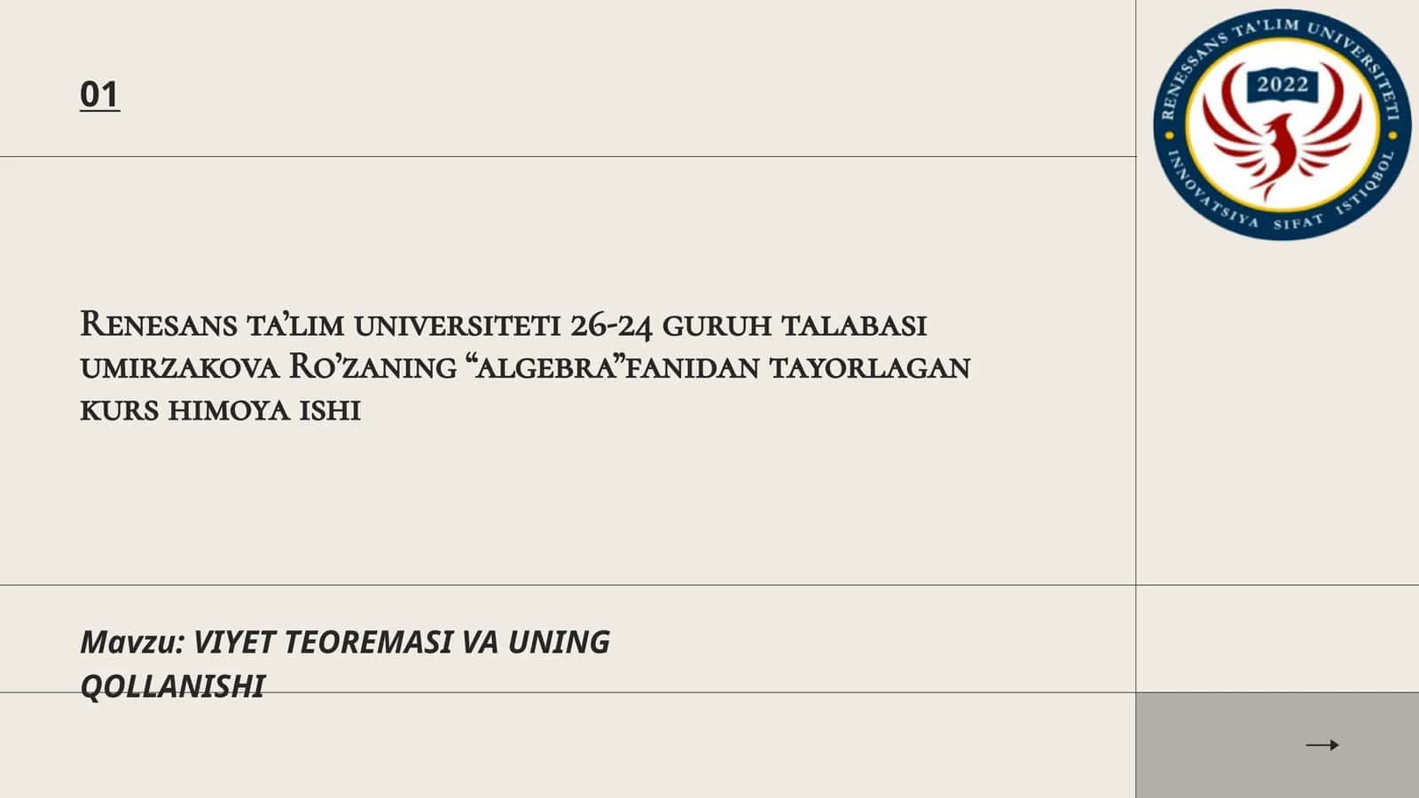 VIYET TEOREMASI VA UNING QOLLANISHI
