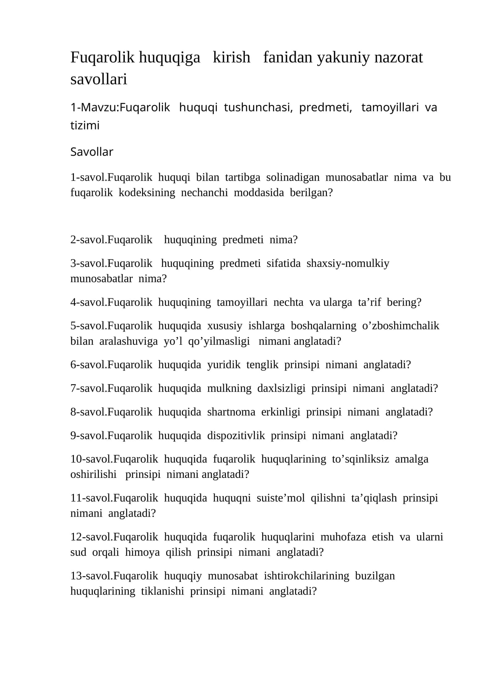 Fuqarolik huquqiga kirish fanidan yakuniy nazorat savollari