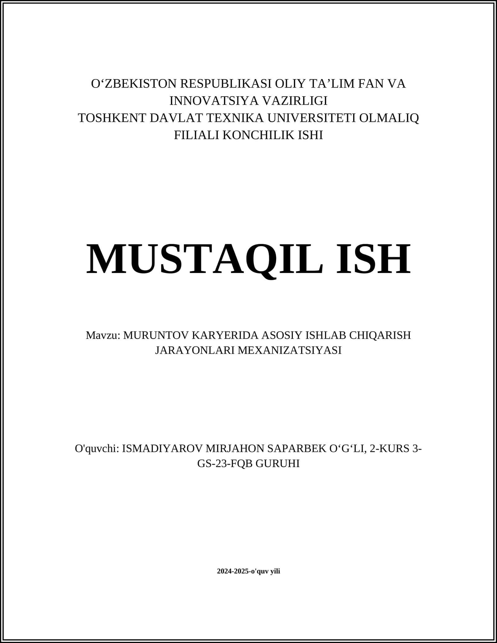 Muruntov Karyerida Asosiy Ishlab Chiqarish Jarayonlari Mexanizatsiyasi