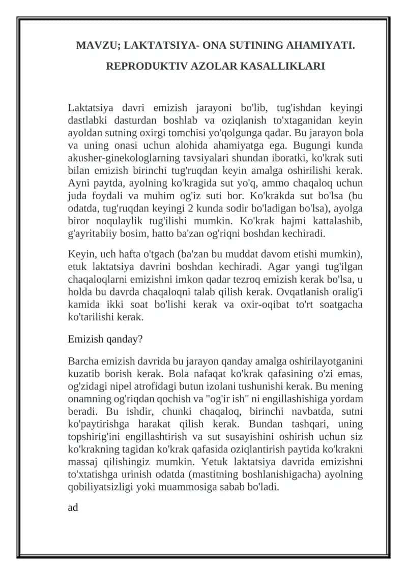 LAKTATSIYA- ONA SUTINING AHAMIYATI