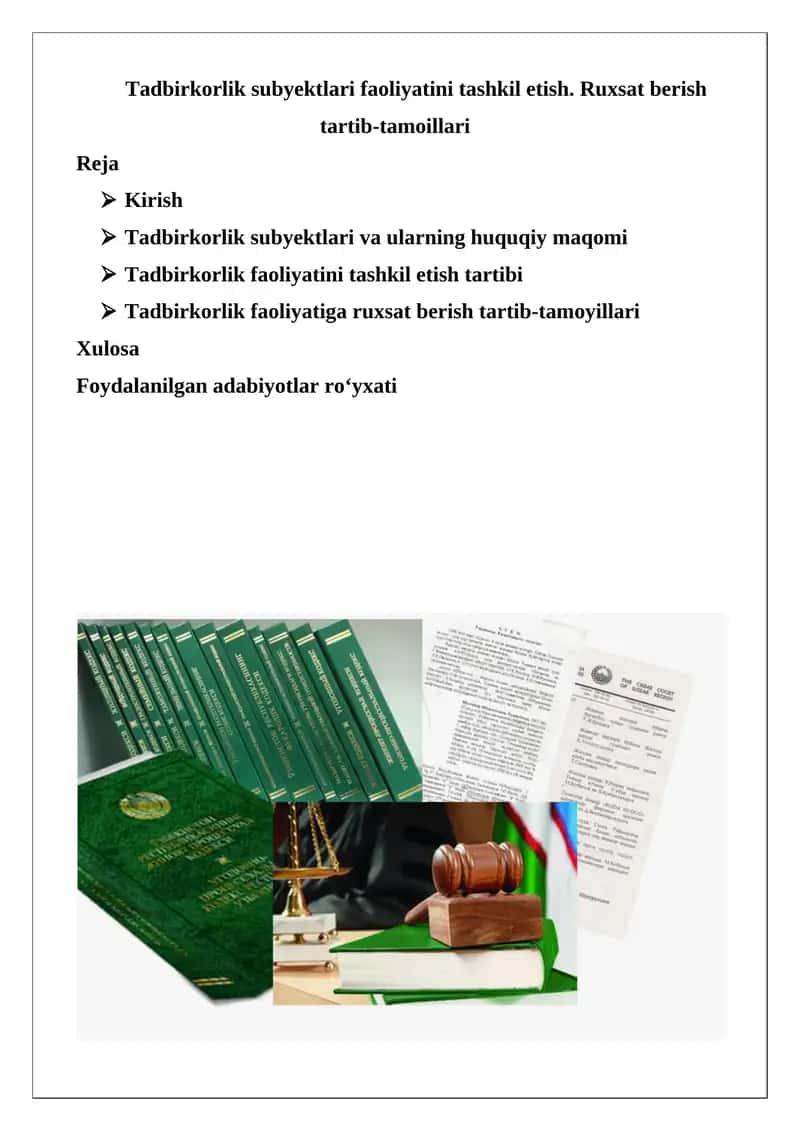 Tadbirkorlik subyektlari faoliyatini tashkil etish. Ruxsat berish tartib-tamoillari