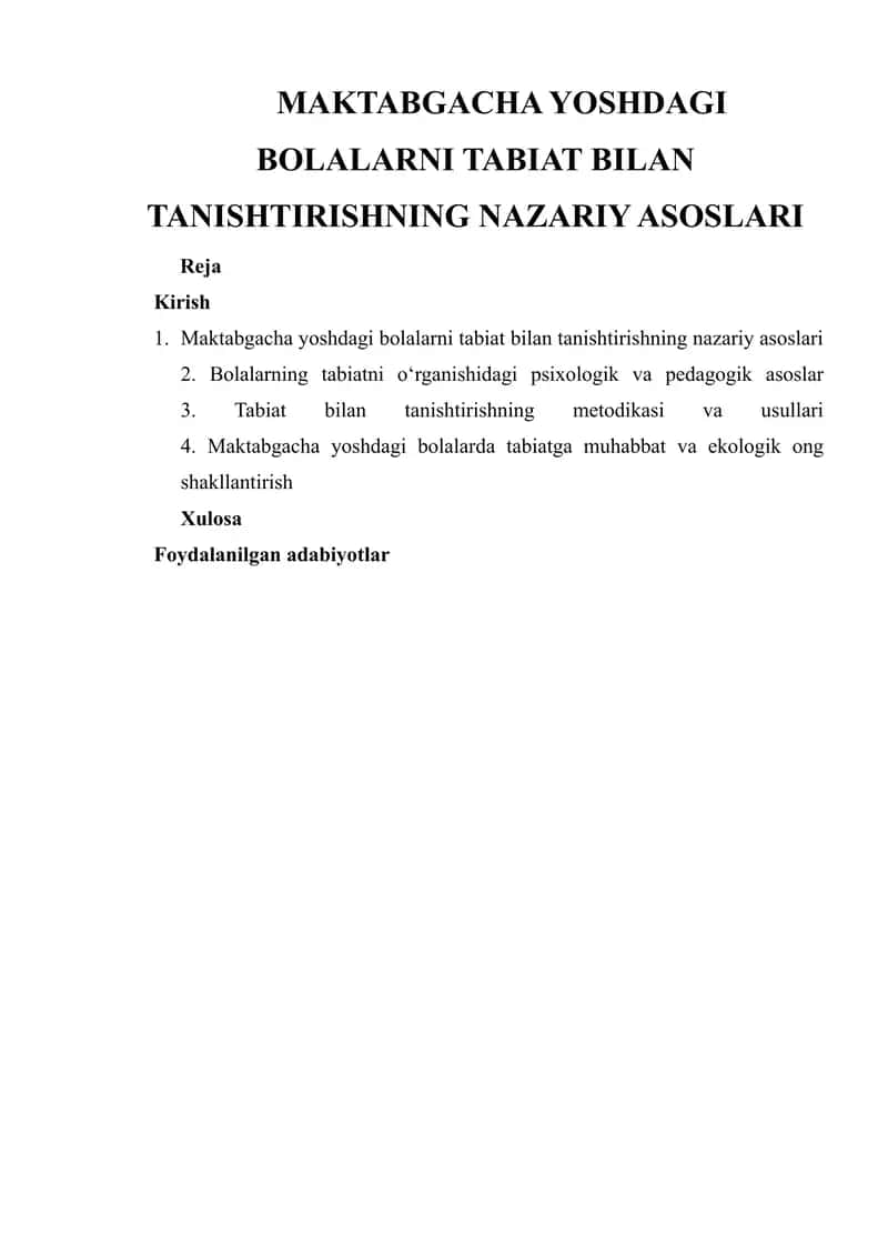 Maktabgacha Yoshdagi Bolalarni Tabiat Bilan Tanishtirishning Nazariy Asoslari