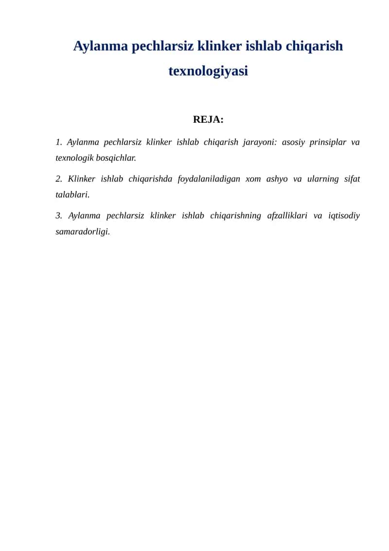 Aylanma pechlarsiz klinker ishlab chiqarish texnologiyasi