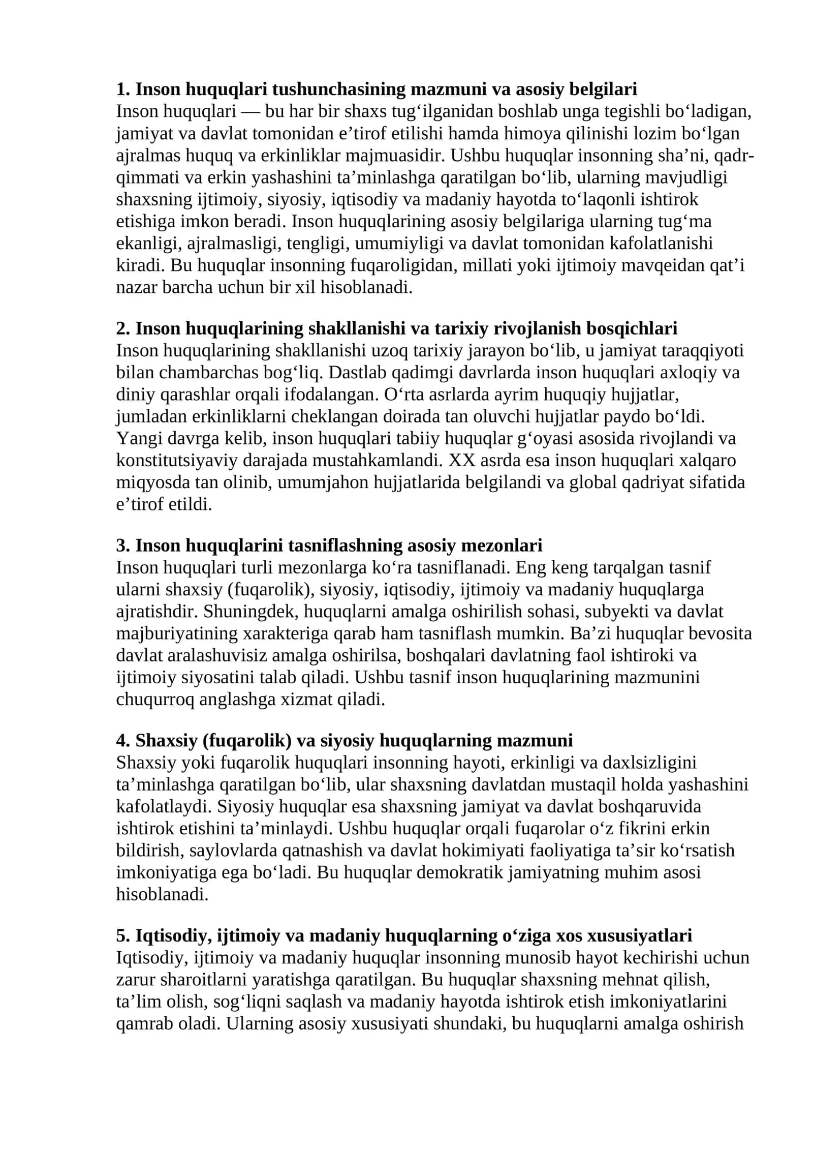Inson huquqlari tushunchasining mazmuni va asosiy belgilari
