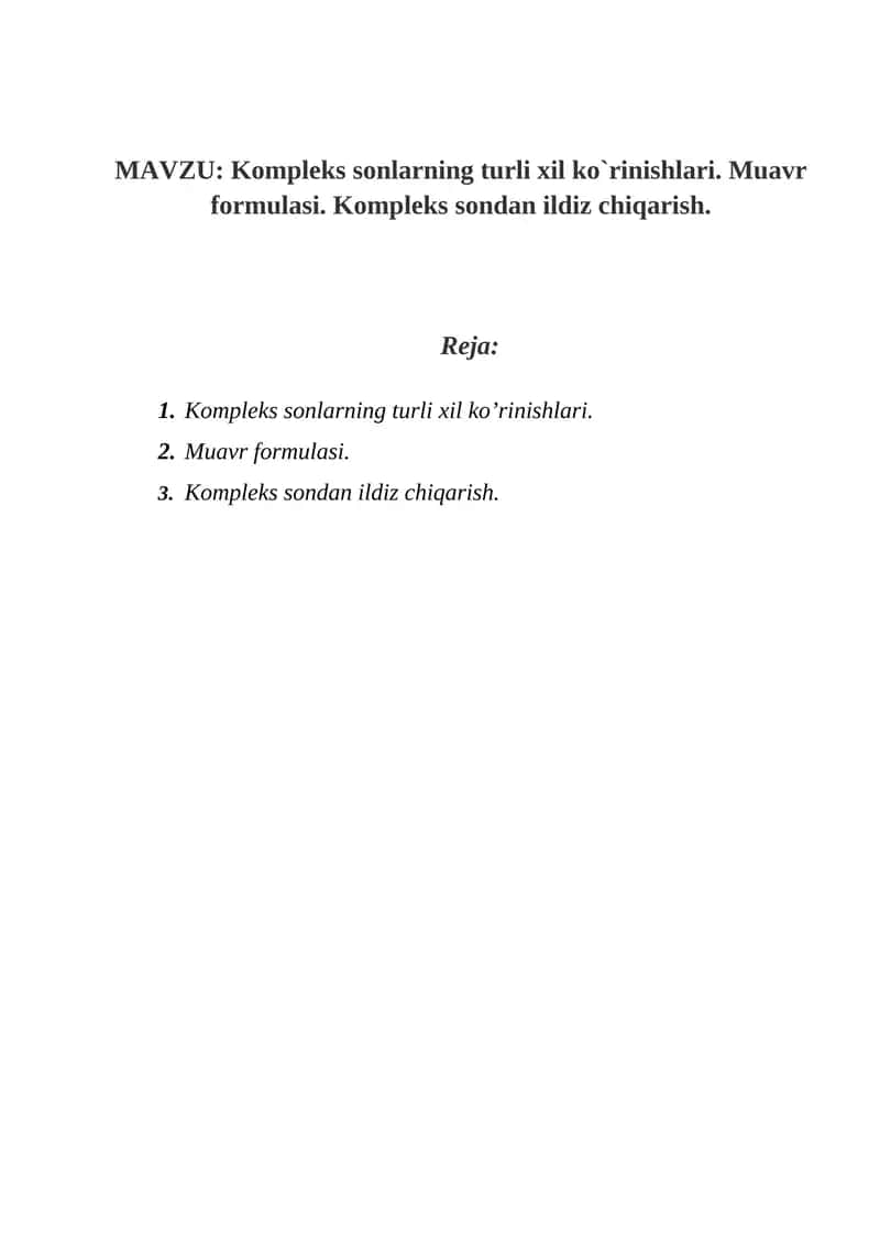 Kompleks sonlarning turli xil ko`rinishlari