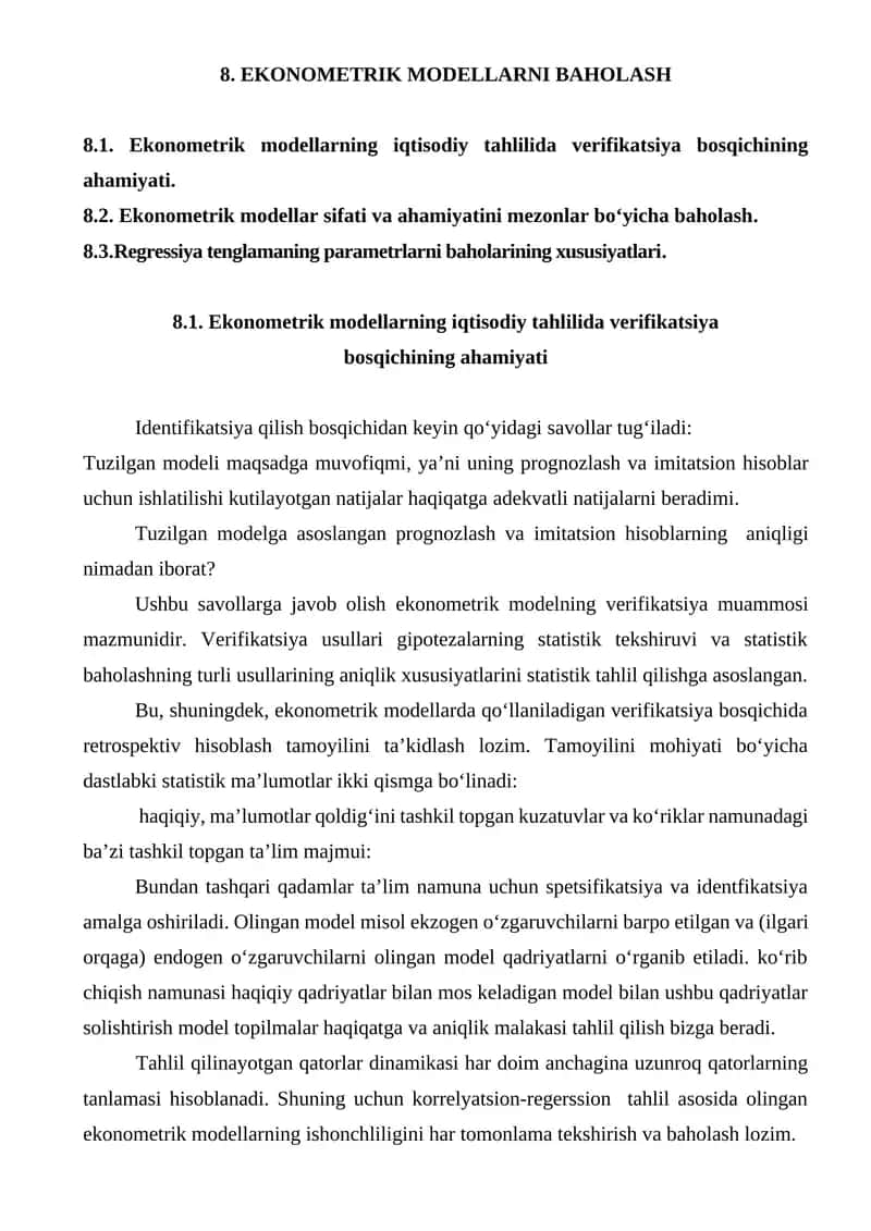 EKONOMETRIK MODELLARNI BAHOLASH