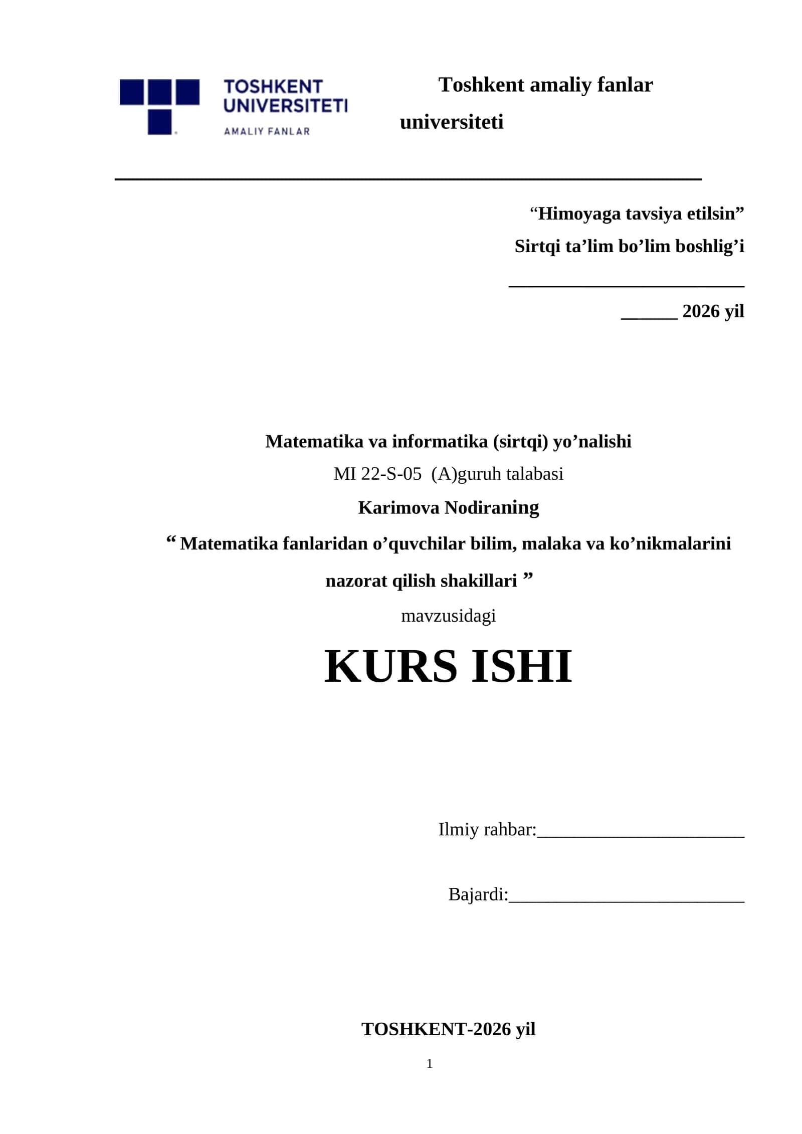 Matematika fanlaridan o’quvchilar bilim, malaka va ko’nikmalarini nazorat qilish shakillari .docx