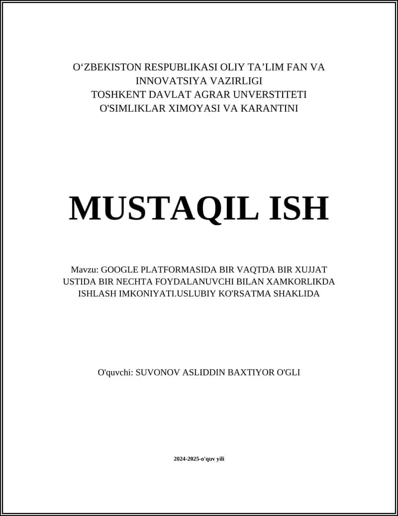 GOOGLE PLATFORMASIDA BIR VAQTDA BIR XUJJAT USTIDA BIR NECHTA FOYDALANUVCHI BILAN XAMKORLIKDA ISHLASH IMKONIYATI.USLUBIY KO'RSATMA SHAKLIDA