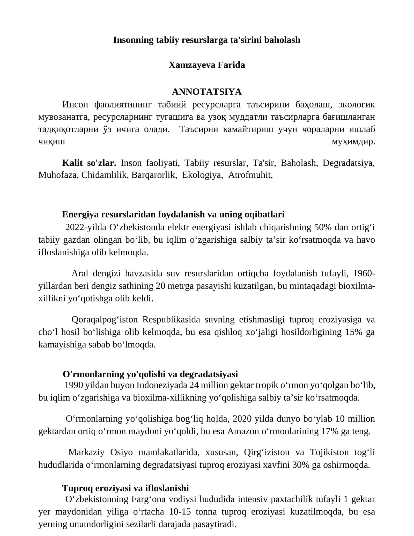 Insonning tabiiy resurslarga ta'sirini baholash
