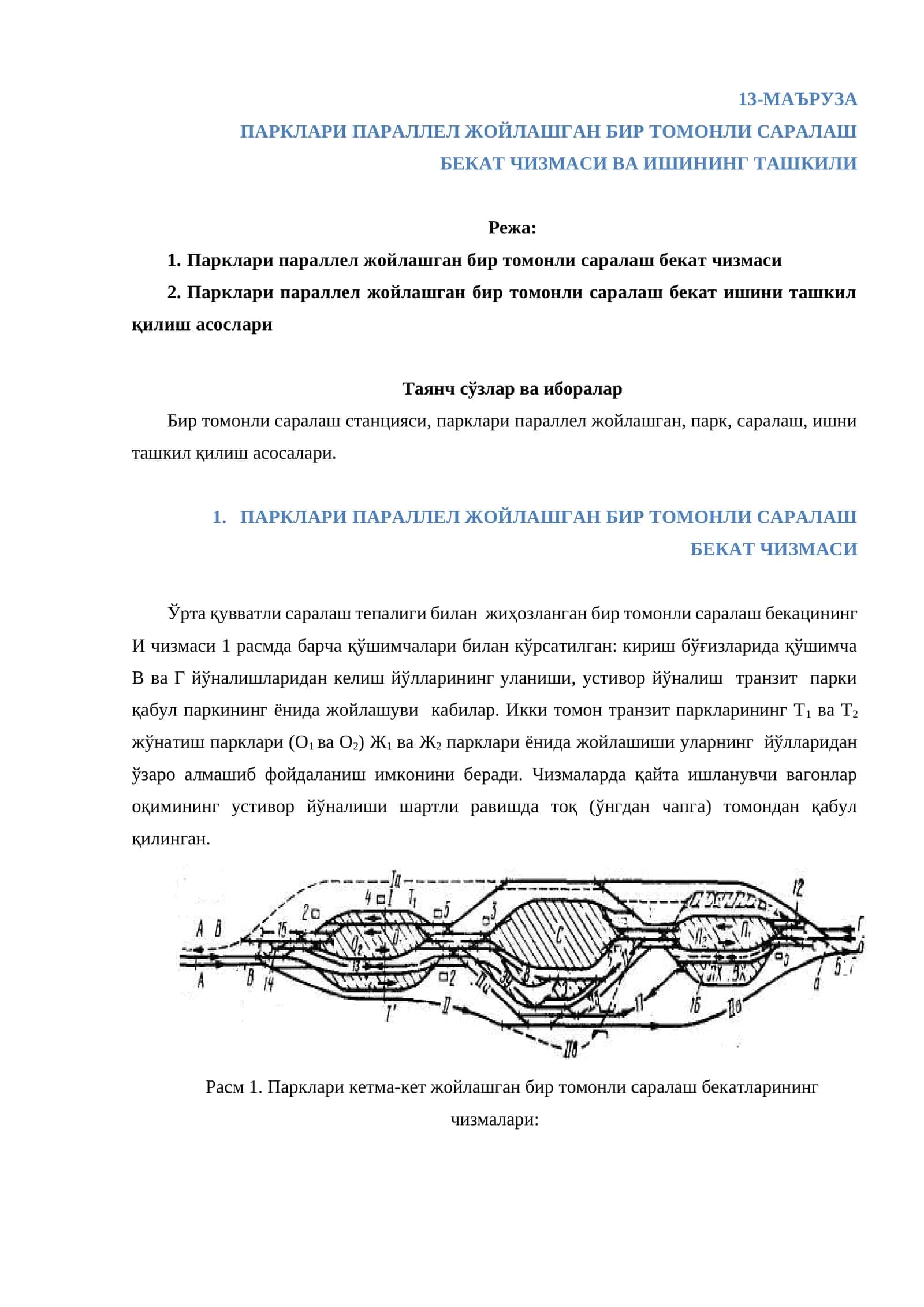 ПАРКЛАРИ ПАРАЛЛЕЛ ЖОЙЛАШГАН БИР ТОМОНЛИ САРАЛАШ БЕКАТ ЧИЗМАСИ