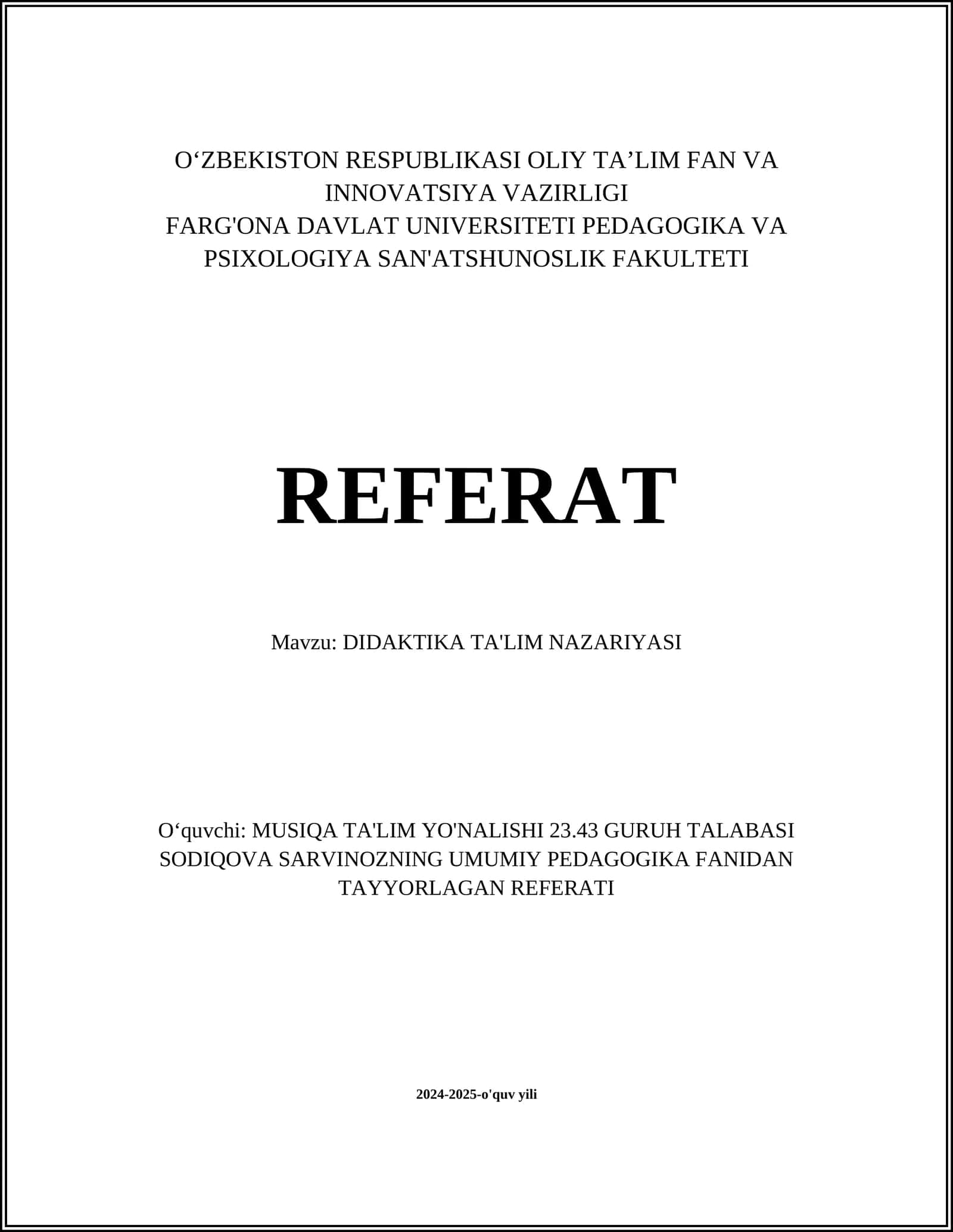 MUSIQA TA'LIM YO'NALISHI - DIDAKTIKA TA'LIM NAZARIYASI REFERAT