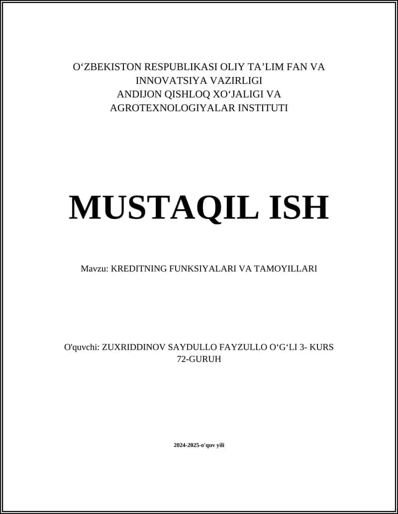 KREDITNING FUNKSIYALARI VA TAMOYILLARI