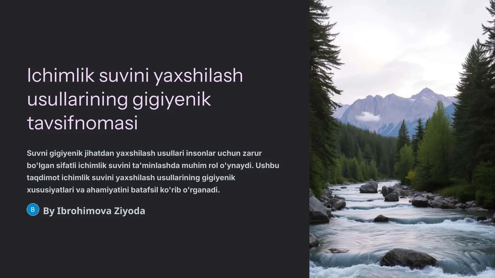 Ichimlik suvini yaxshilash usullarining gigiyenik tavsifnomasi
