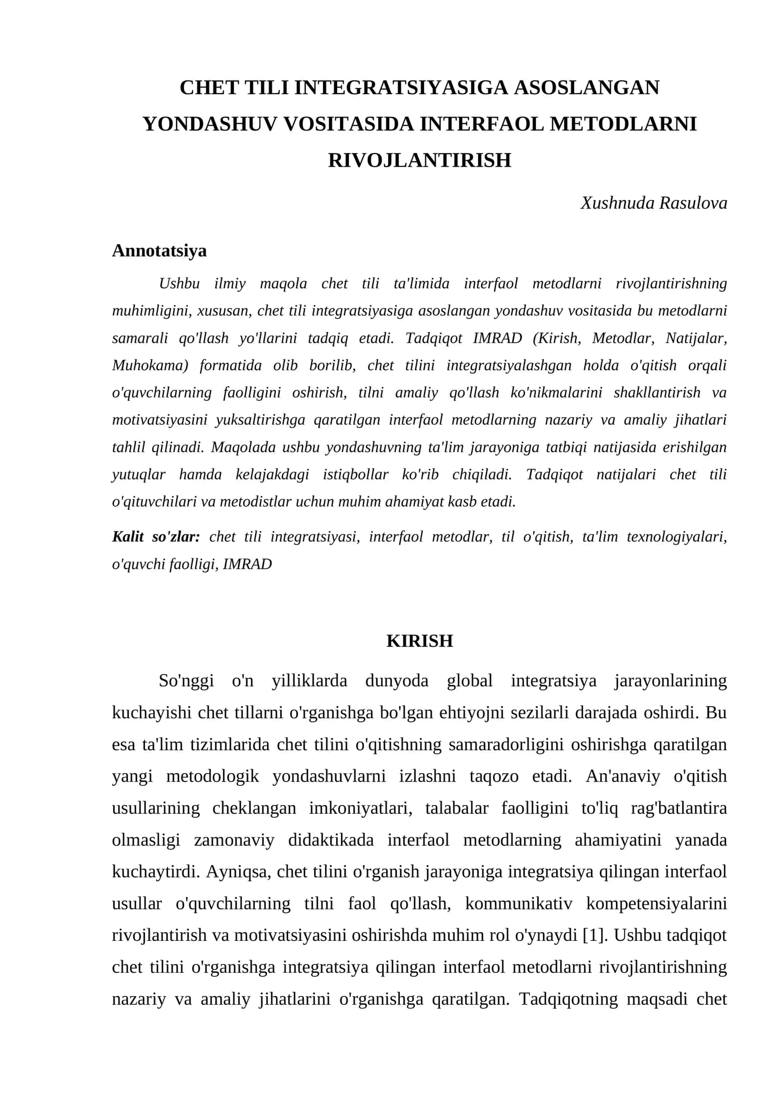 CHET TILI INTEGRATSIYASIGA ASOSLANGAN YONDASHUV VOSITASIDA INTERFAOL METODLARNI RIVOJLANTIRISH