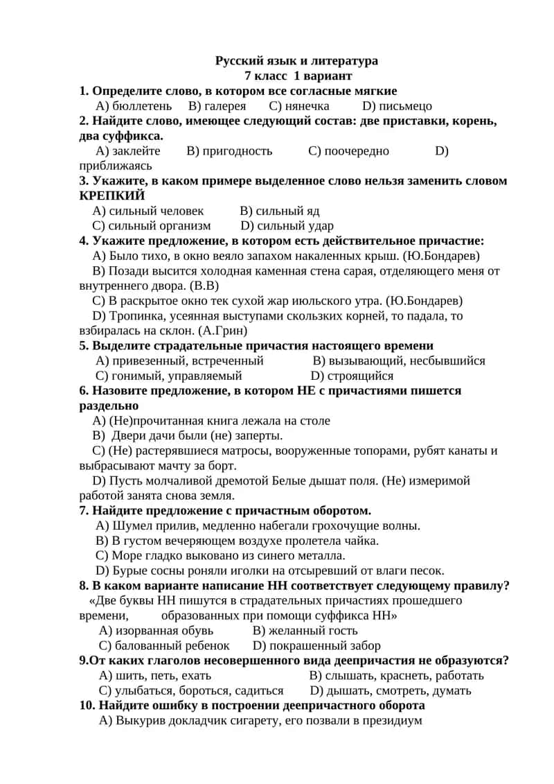 Русский язык и литература 7 класс 1 вариант
