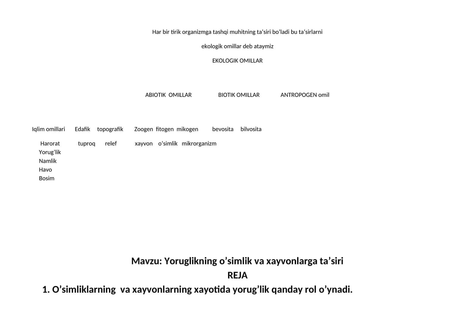 Yorug’likning o’simlik va xayvonlarga ta’siri