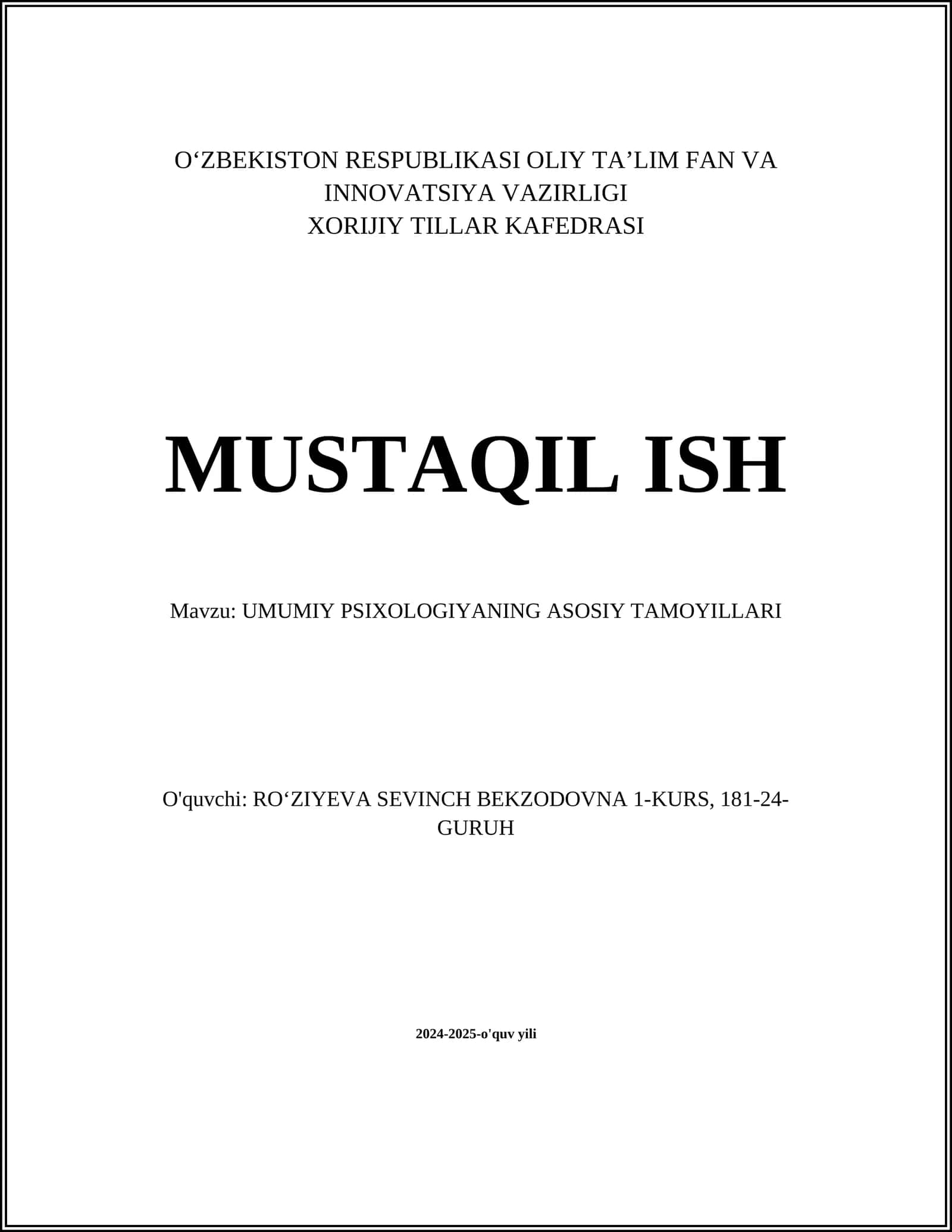 UMUMIY PSIXOLOGIYANING ASOSIY TAMOYILLARI