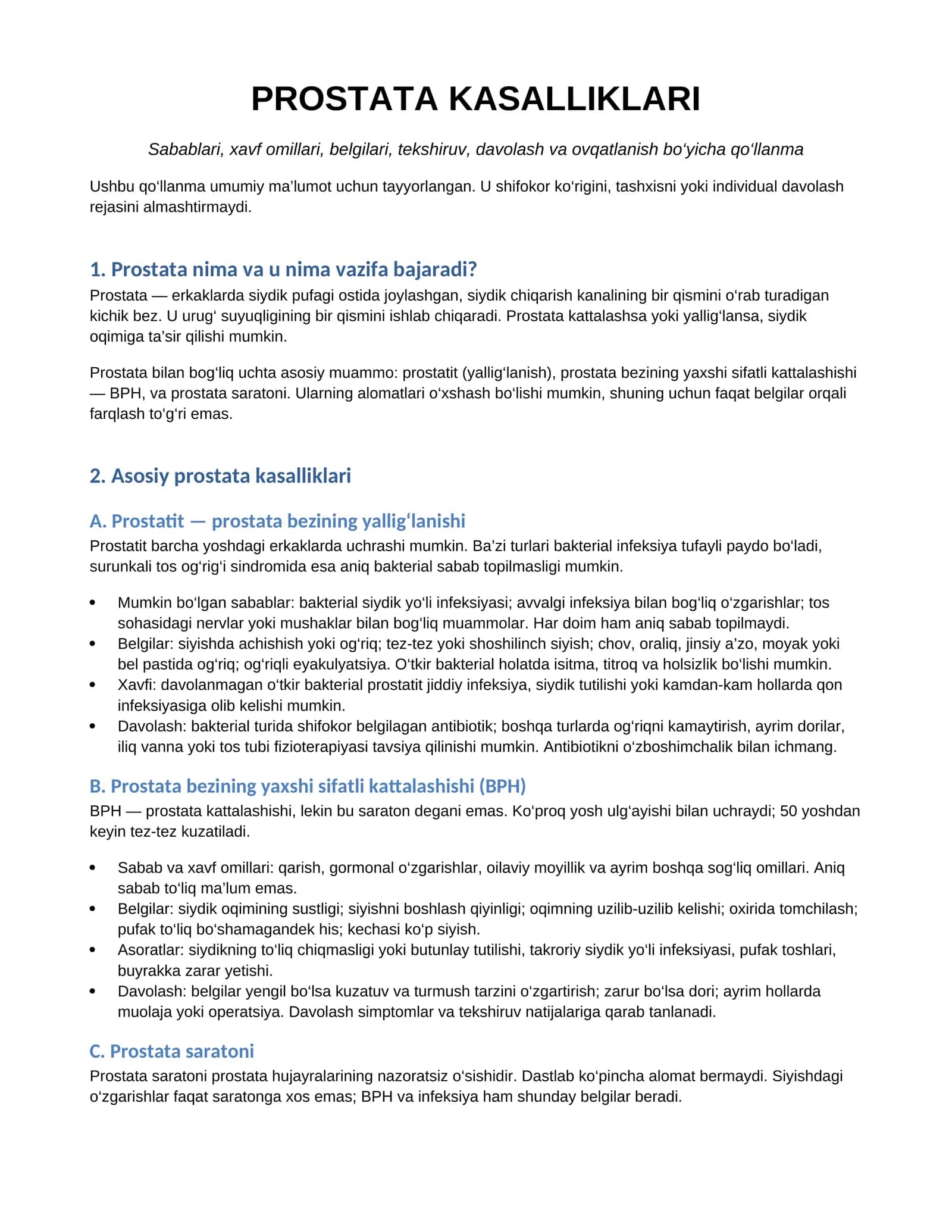 Prostatit,prostata kassalligi böyiça qöllanma