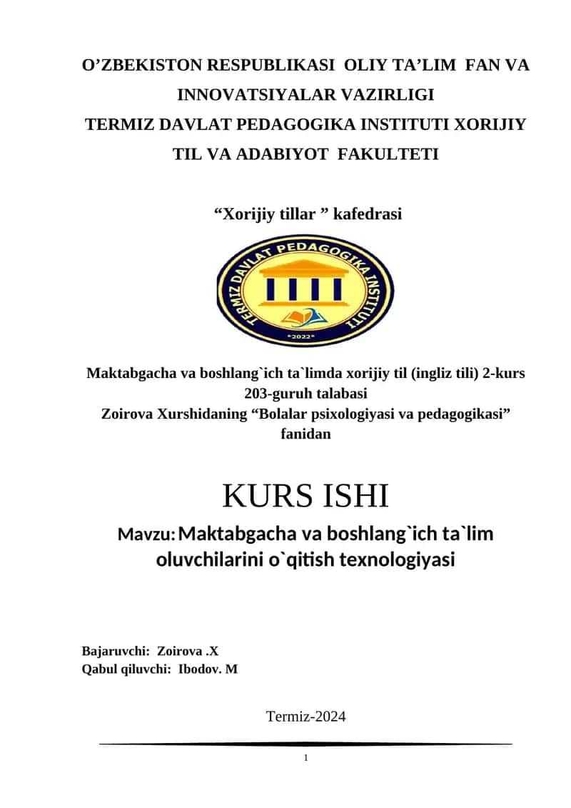Maktabgacha va boshlang`ich ta`lim oluvchilarini o`qitish texnologiyasi