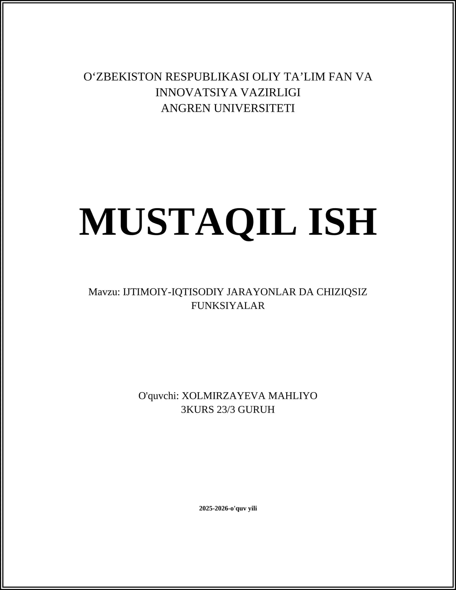 IJTIMOIY-IQTISODIY JARAYONLAR DA CHIZIQSIZ FUNKSIYALAR