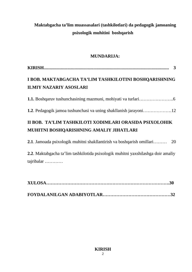 Maktabgacha ta’lim muassasalari (tashkilotlari) da pedagogik jamoaning psixologik muhitini boshqarish