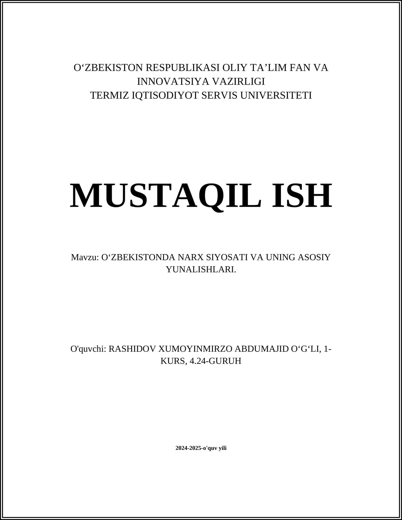 O'ZBEKISTONDA NARX SIYOSATI VA UNING ASOSIY YUNALISHLARI