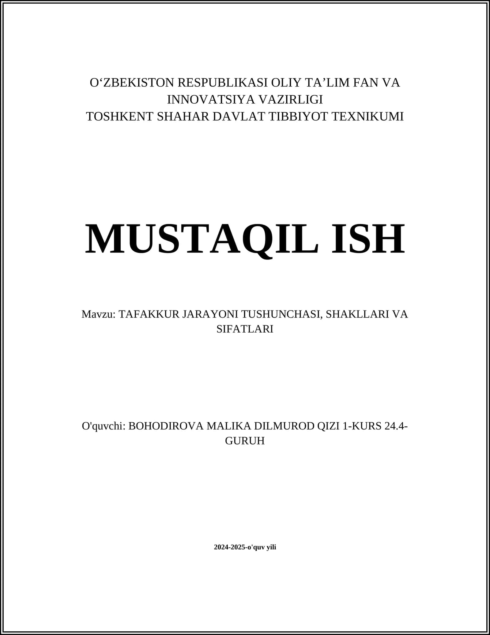 TAFAKKUR JARAYONI TUSHUNCHASI, SHAKLLARI VA SIFATLARI