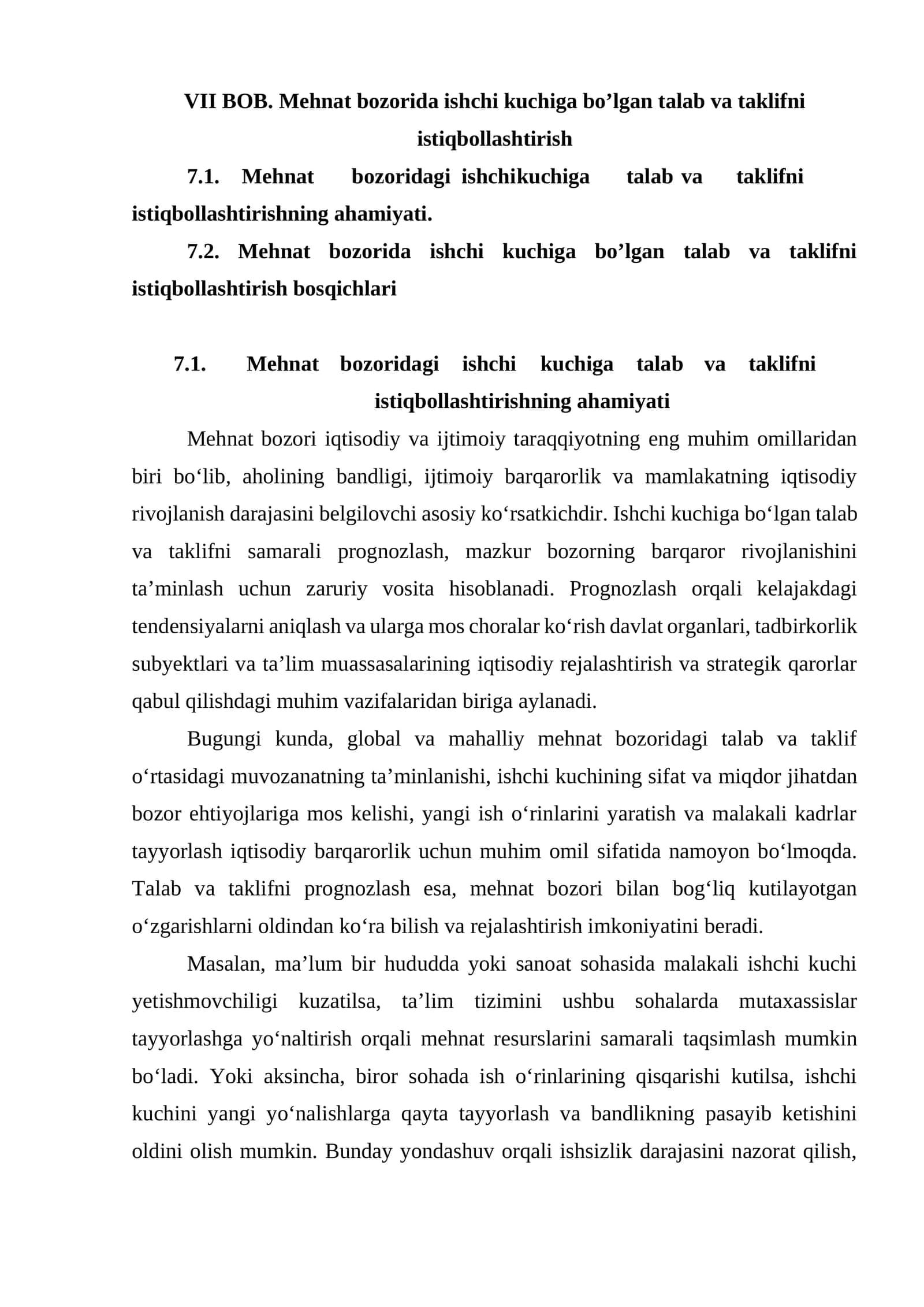 VII BOB. Mehnat bozorida ishchi kuchiga bo’lgan talab va taklifni istiqbollashtirish
