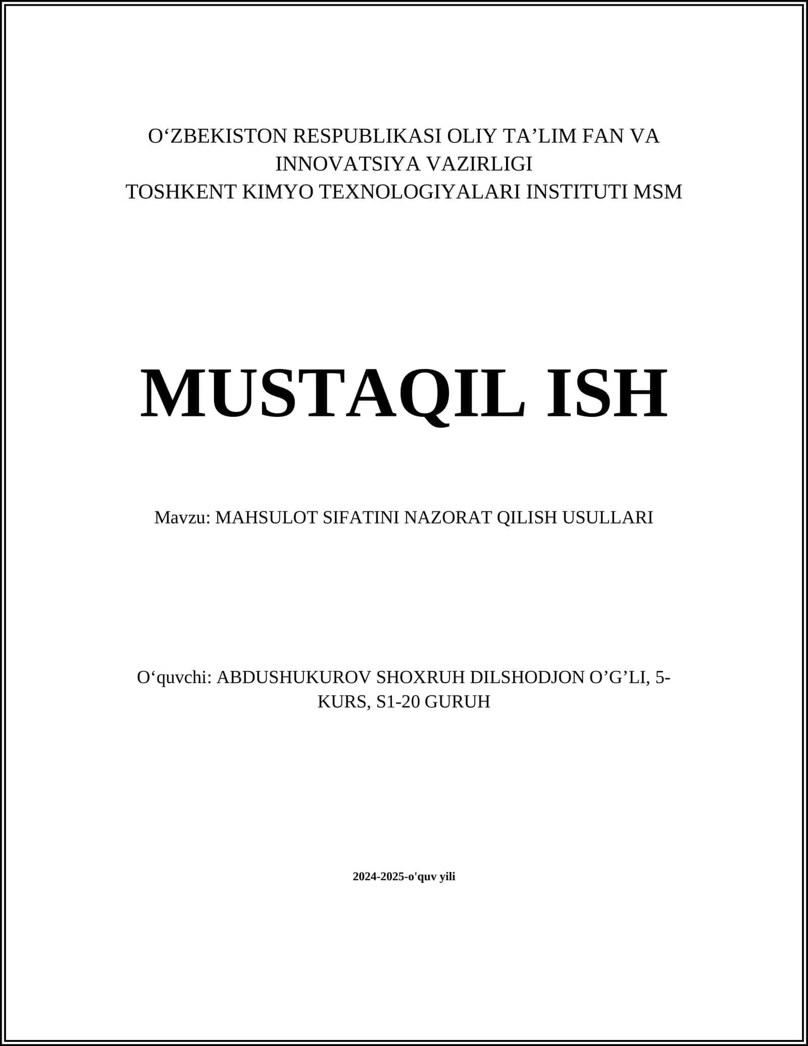 MAHSULOT SIFATINI NAZORAT QILISH USULLARI