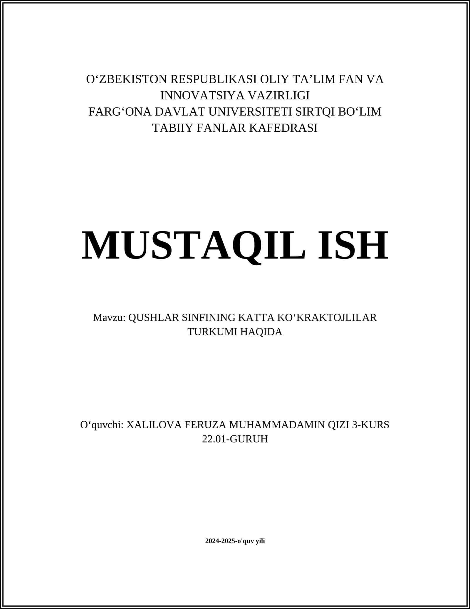 QUSHLAR SINFINING KATTA KO‘KRAKTOJLILAR TURKUMI HAQIDA