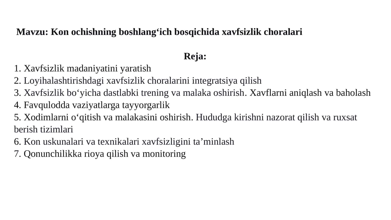 Kon ochishning boshlangʻich bosqichida xavfsizlik choralari