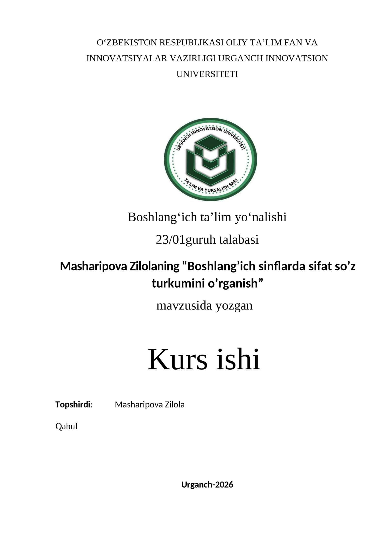 Boshlang‘ich sinflarda sifat so’z turkumini o’rganish