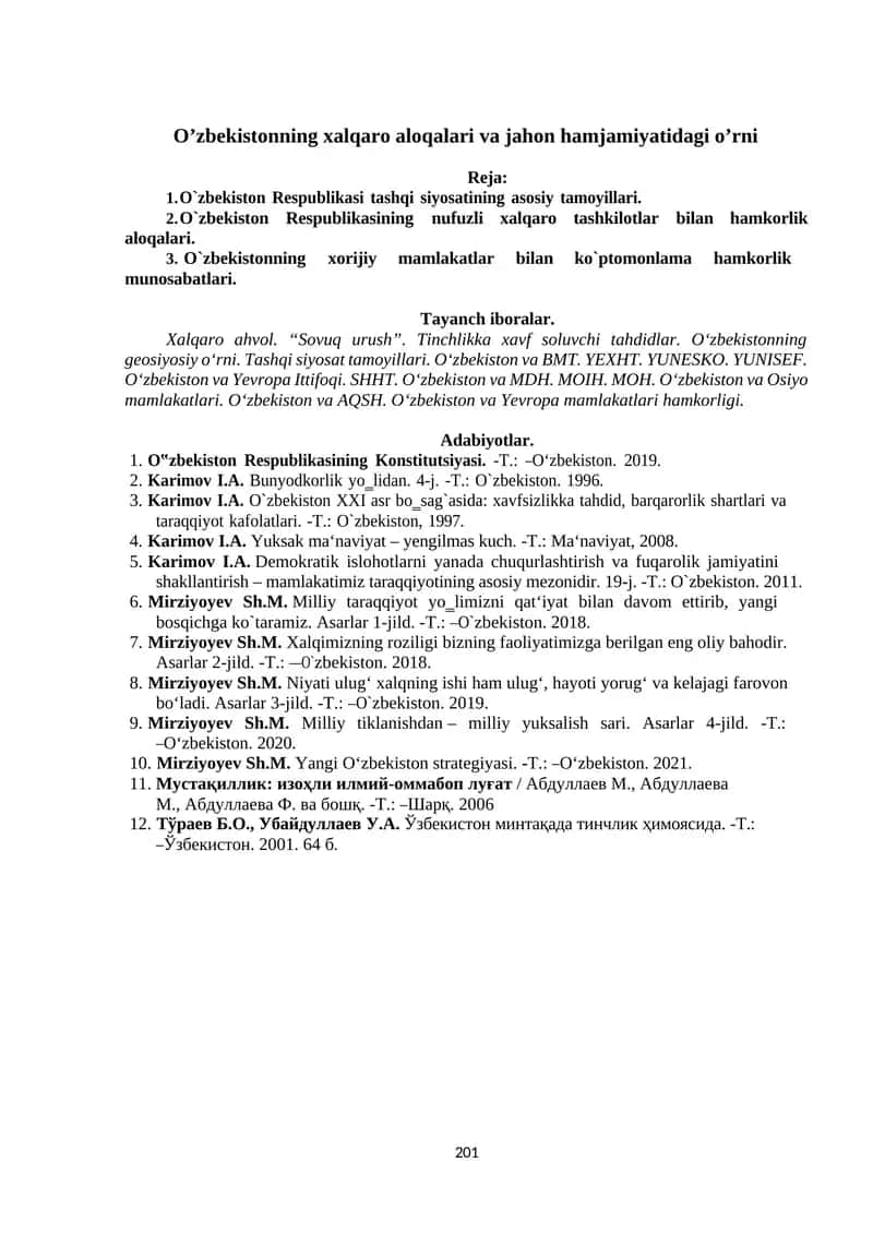 O’zbekistonning xalqaro aloqalari va jahon hamjamiyatidagi o’rni