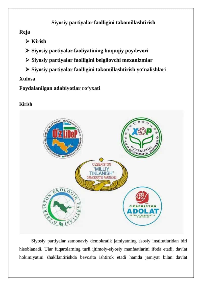 Siyosiy partiyalar faolligini takomillashtirish