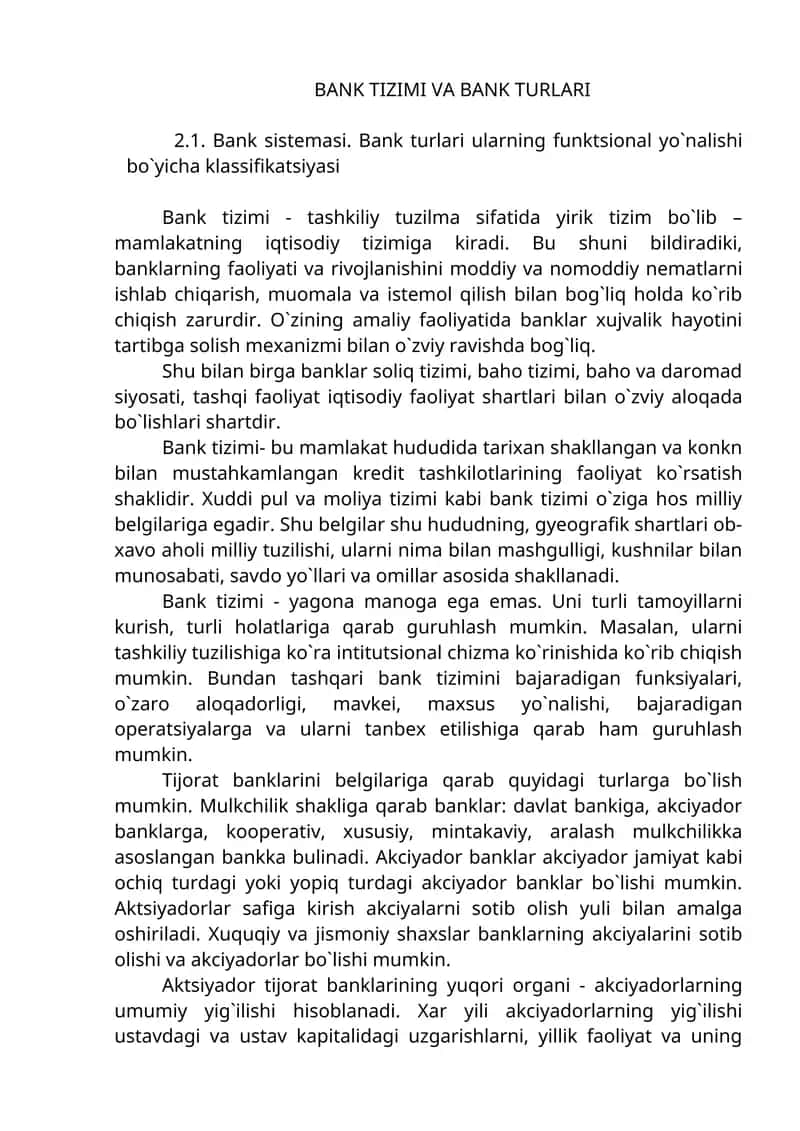 BANK TIZIMI VA BANK TURLARI
