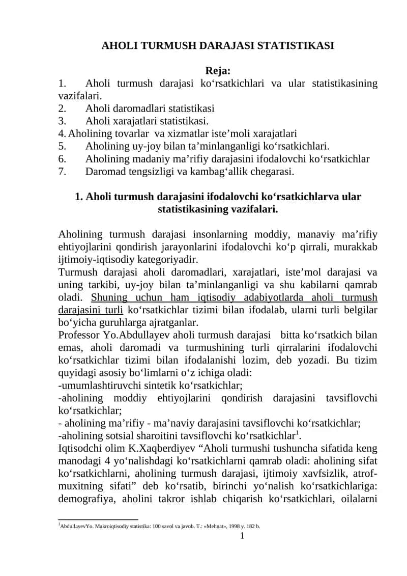 AHOLI TURMUSH DARAJASI STATISTIKASI