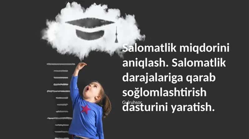 Salomatlik darajalariga qarab soğlomlashtirish dasturini yaratish. Dastur maqsadlari va vazifalari oʻrtasida turmush tarzini tashkil etish