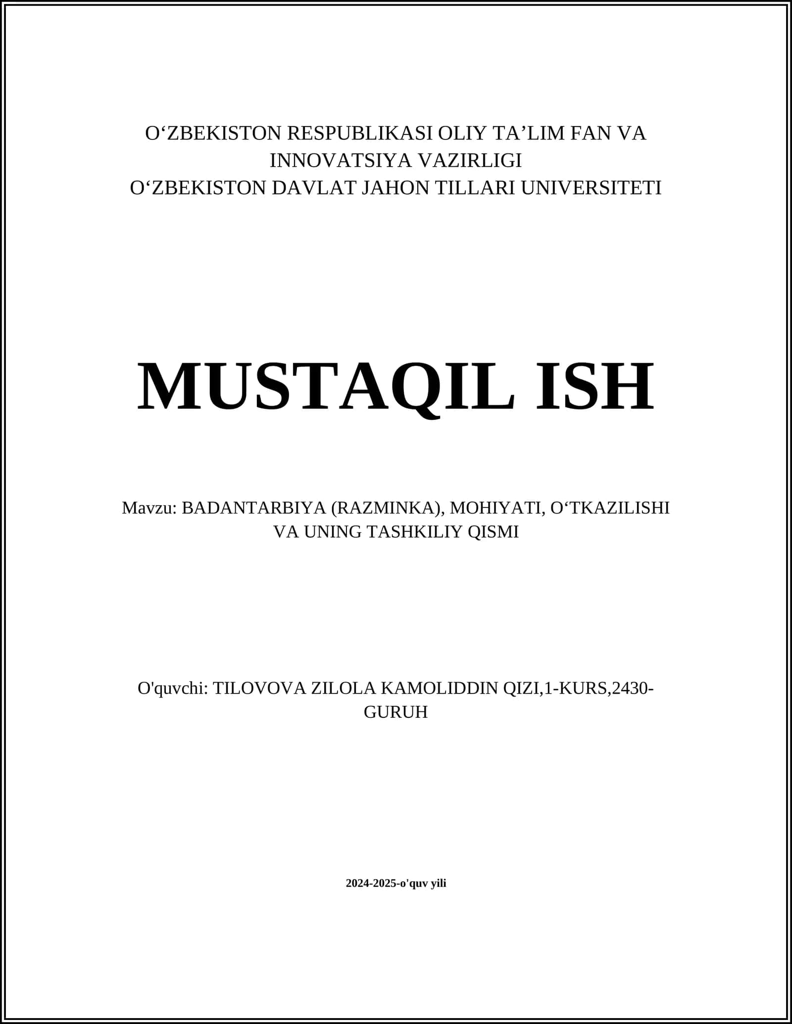 BADANTARBIYA (RAZMINKA), MOHIYATI, OʻTKAZILISHI VA UNING TASHKILIY QISMI