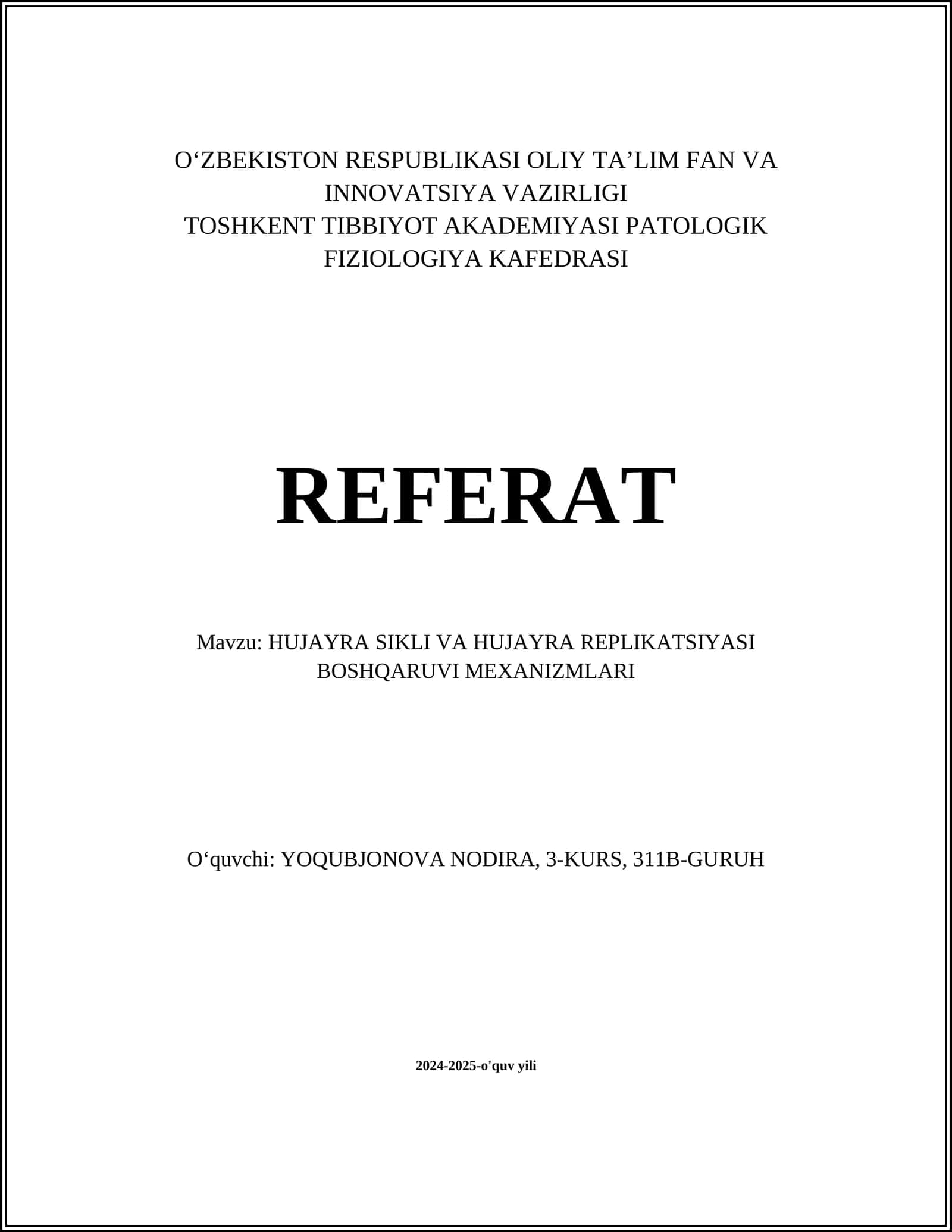 HUJAYRA SIKLI VA HUJAYRA REPLIKATSIYASI BOSHQARUVI MEXANIZMLARI