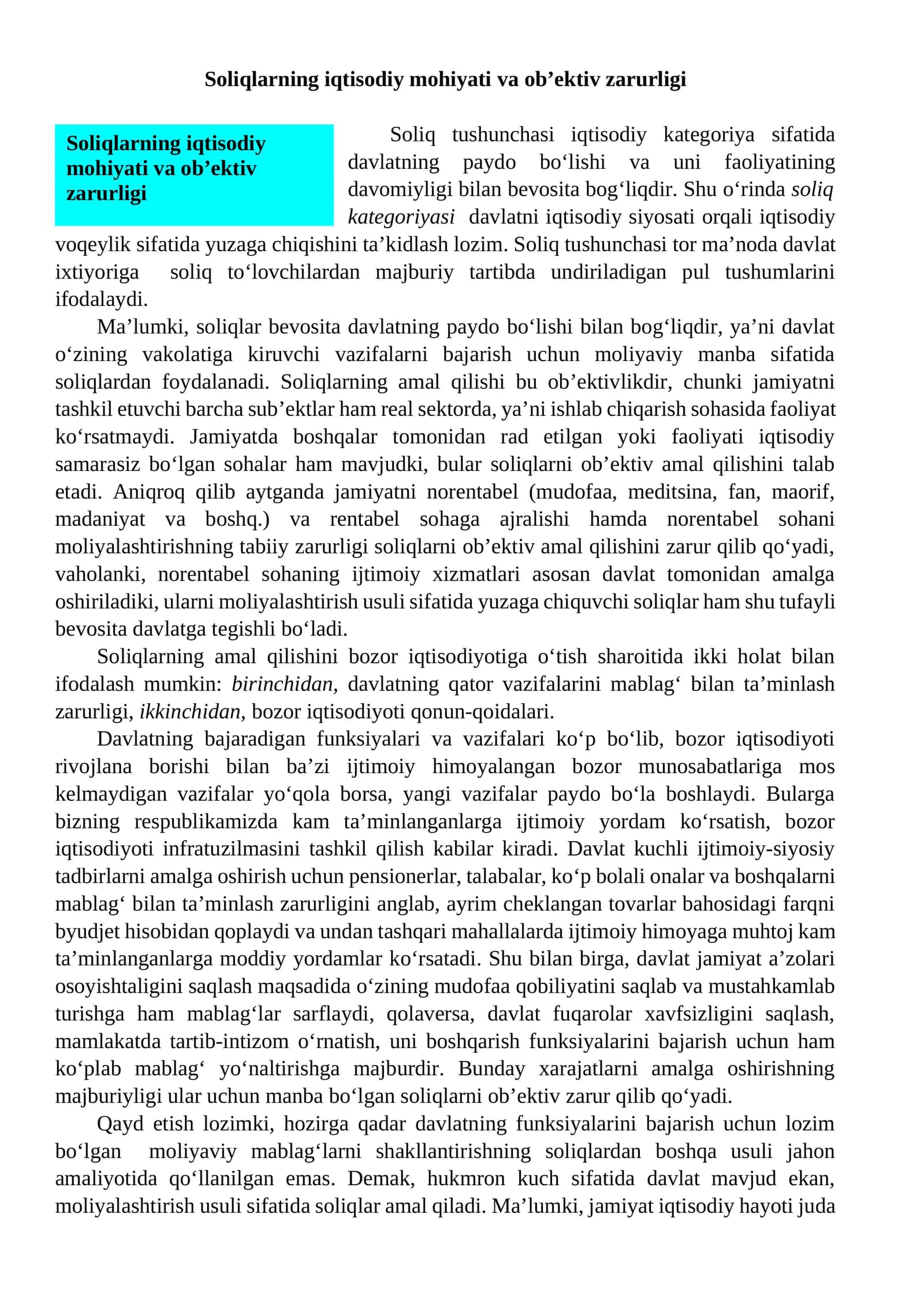 Soliqlarning iqtisodiy mohiyati va ob’ektiv zarurligi