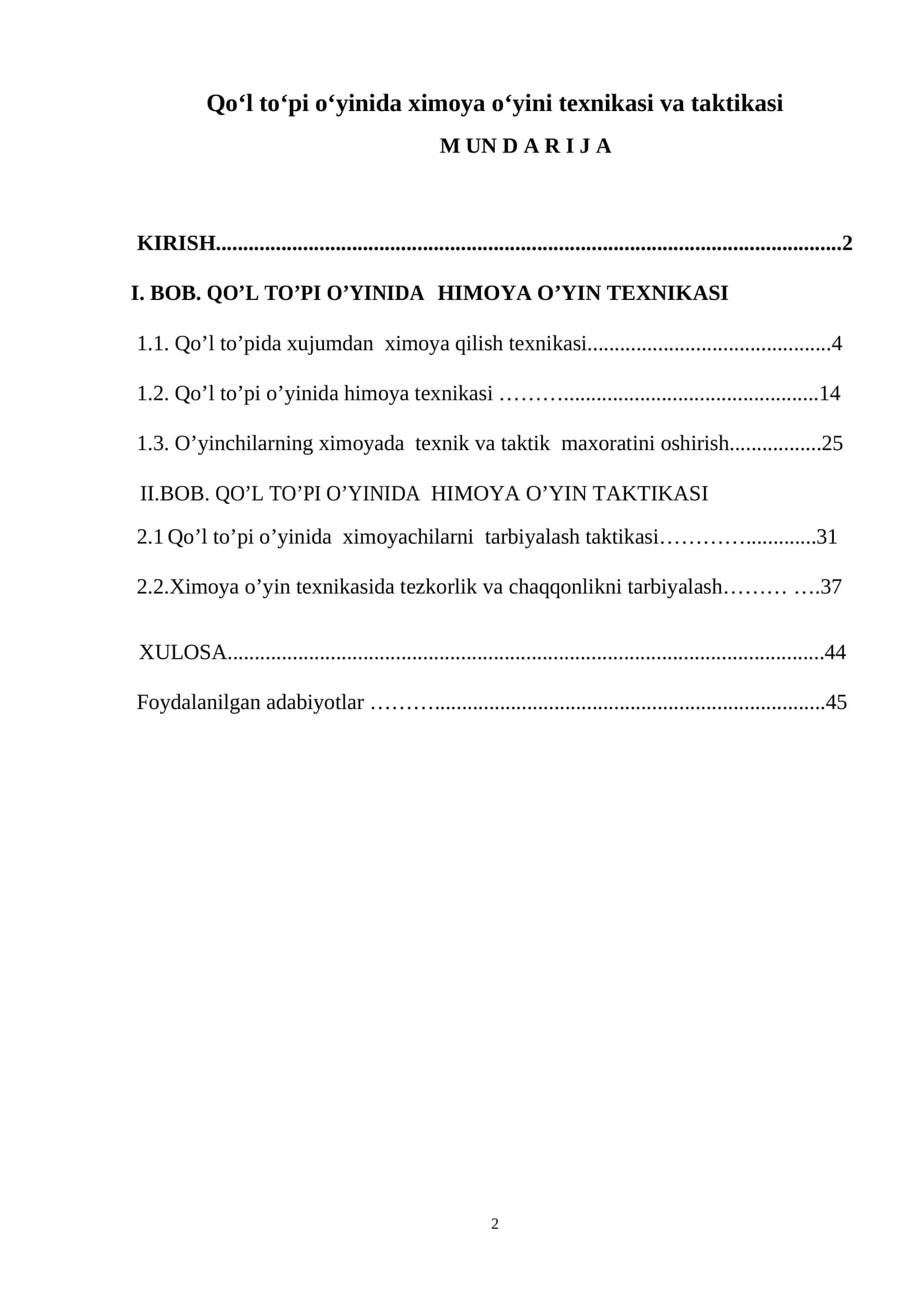 Qo‘l to‘pi o‘yinida ximoya o‘yini texnikasi va taktikasi