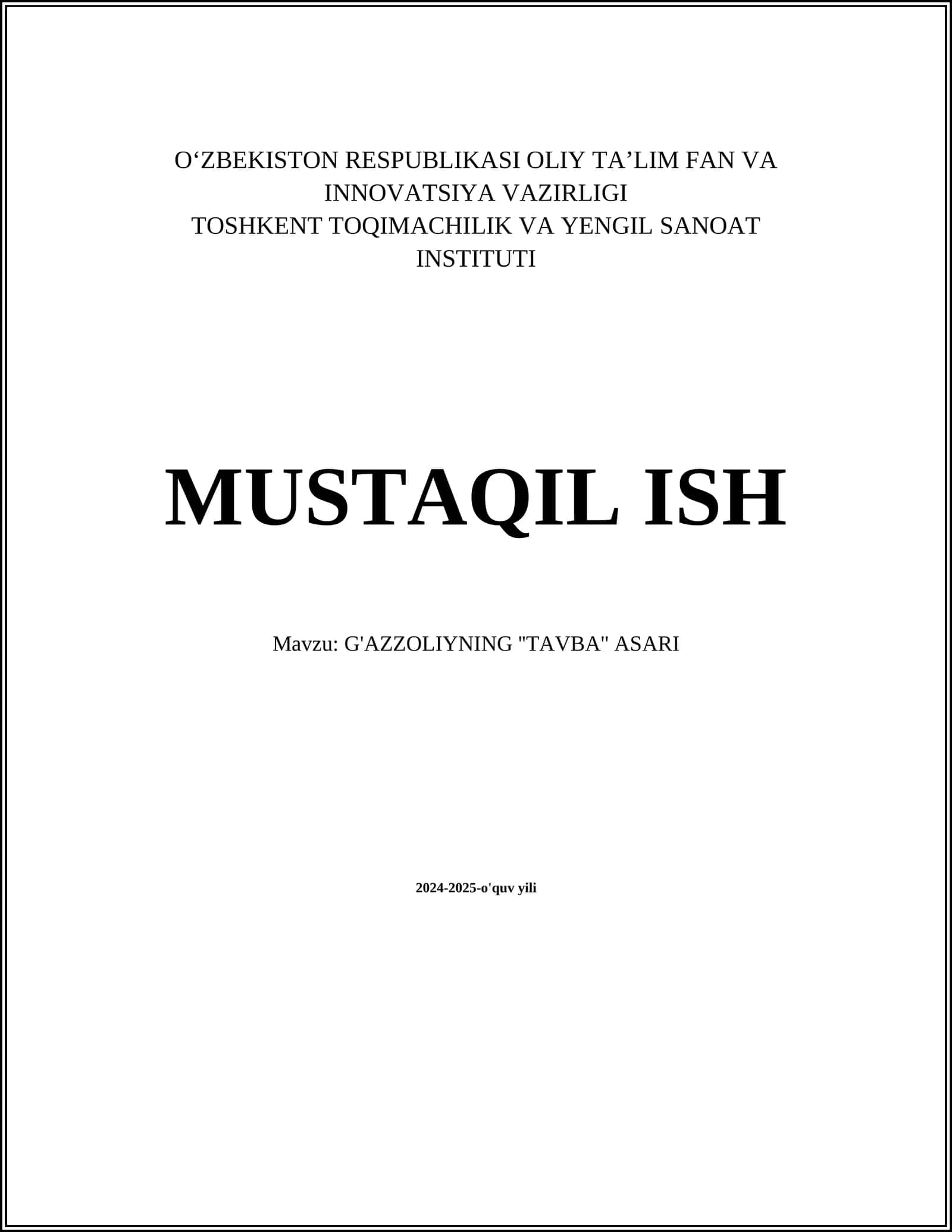 G'AZZOLIYNING ''TAVBA'' ASARI