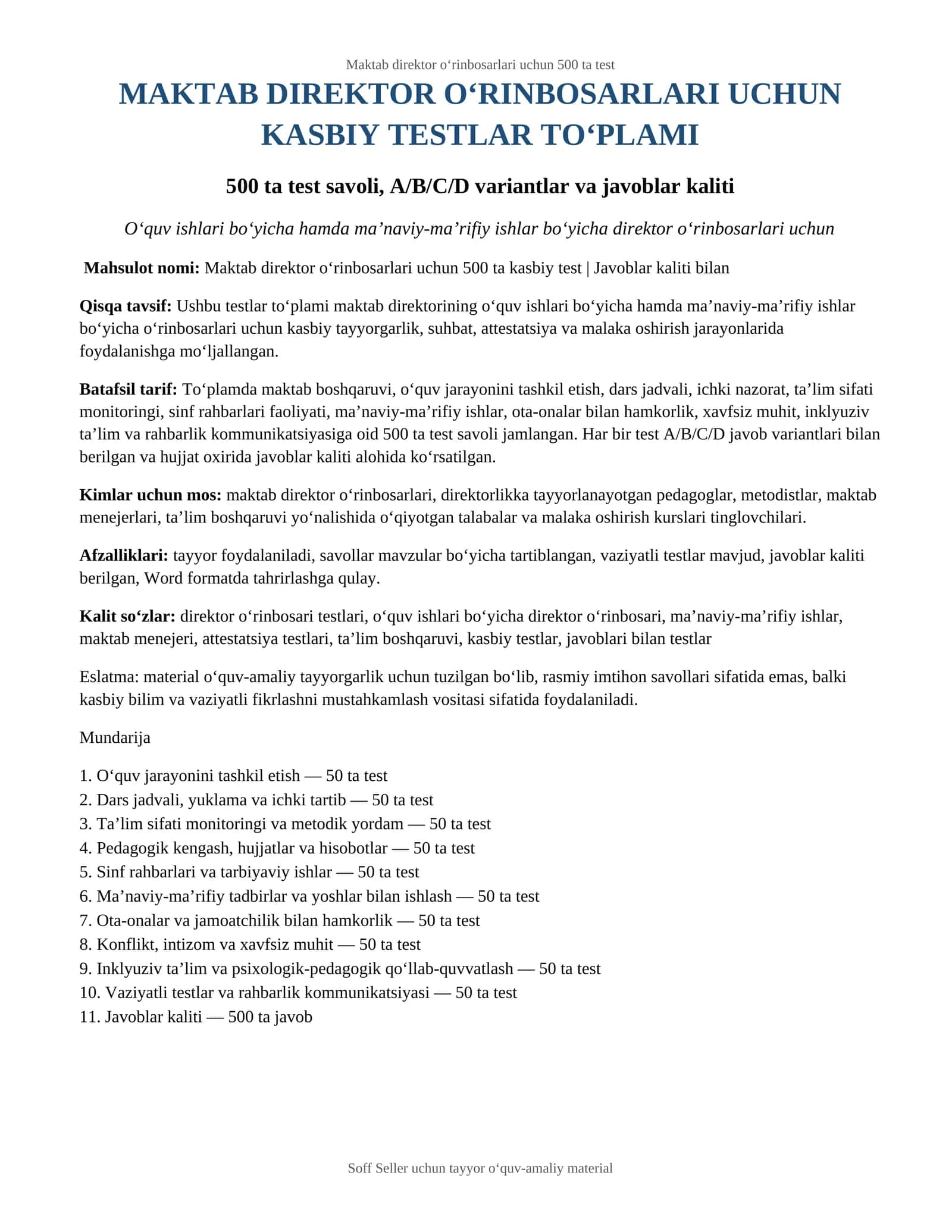 Maktab direktor o‘rinbosarlari uchun 500 ta kasbiy test